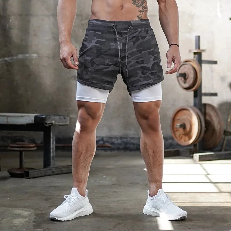 Men’s 2-in-1 Camo Running Shorts – Quick-Dry Gym & Training Fitness Shorts