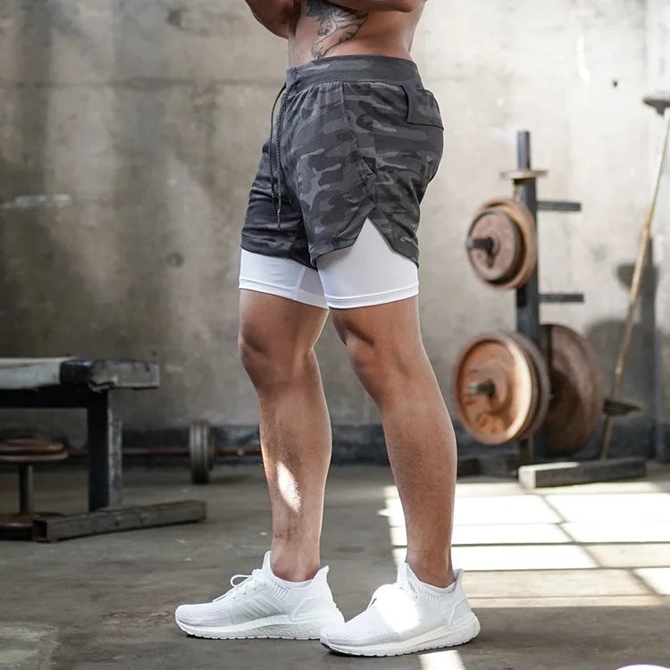 Men’s 2-in-1 Camo Running Shorts – Quick-Dry Gym & Training Fitness Shorts
