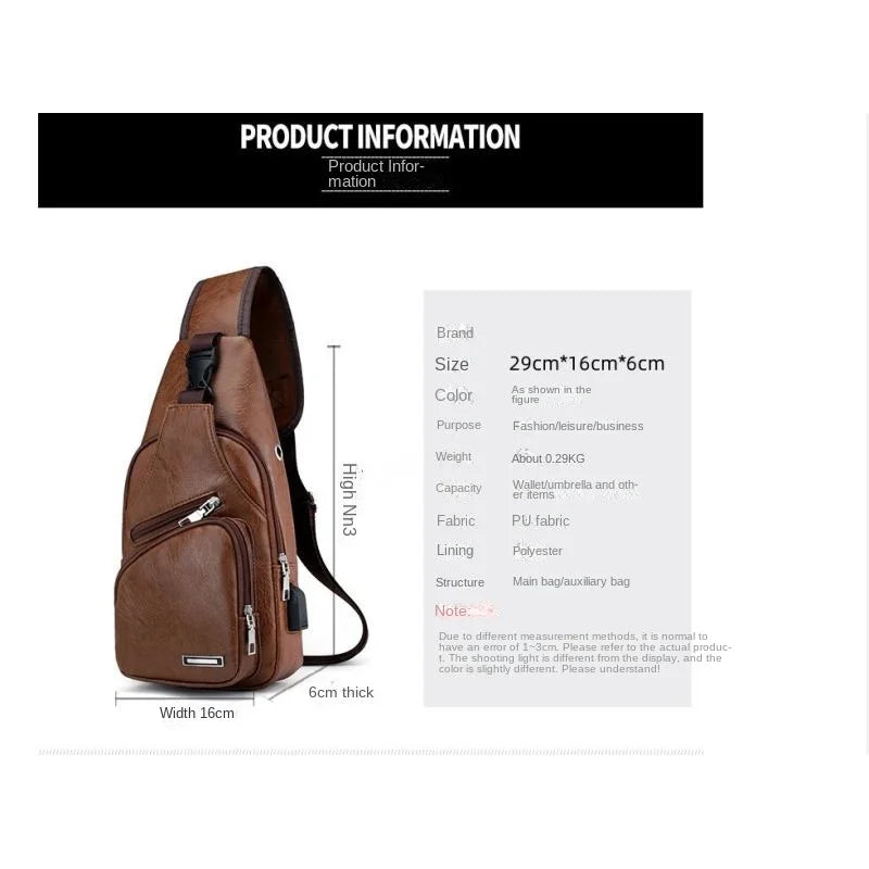 USB Men's Chest Bag – Large Capacity PU Crossbody with Charging Port