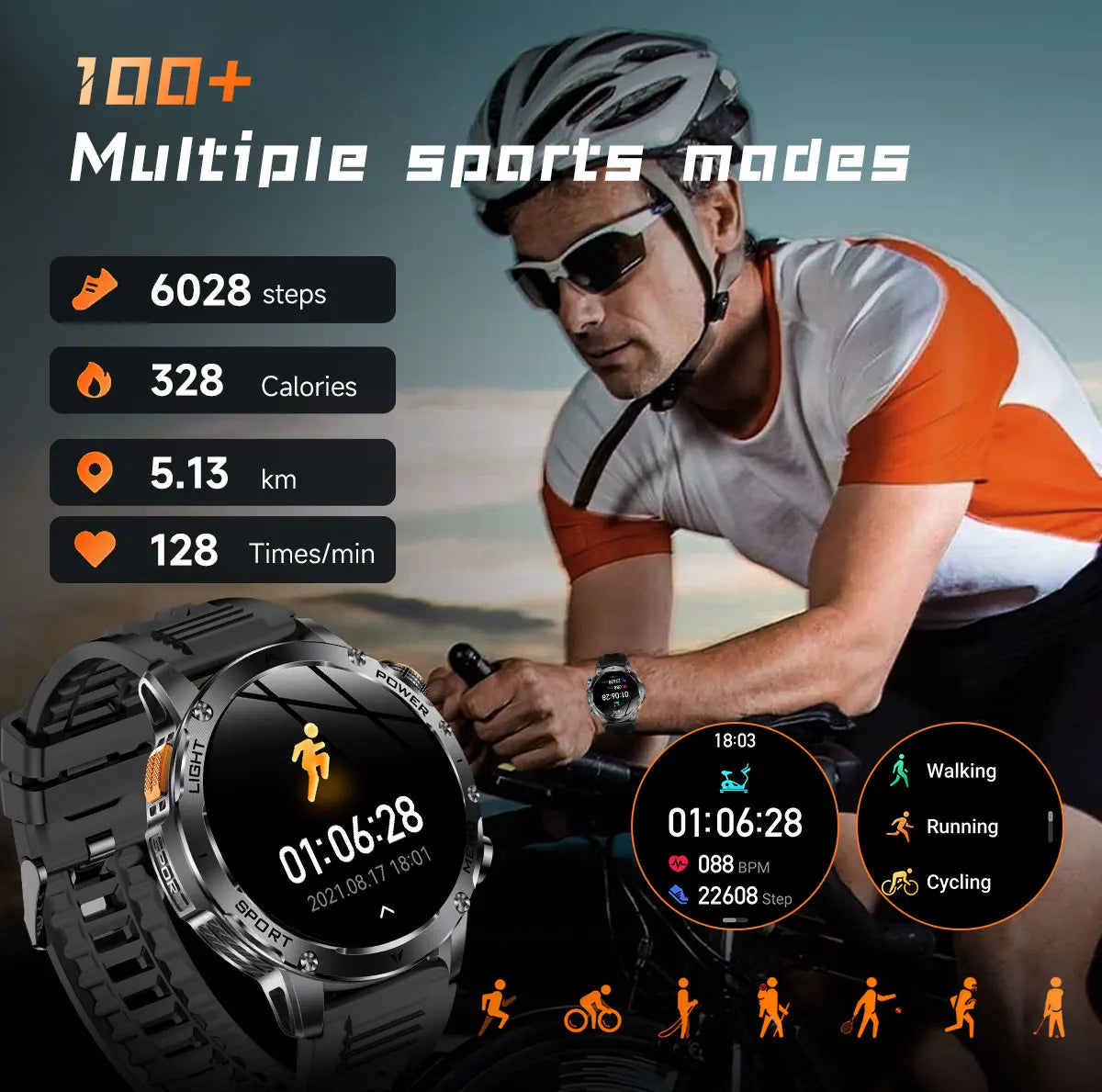 Military Sports Smartwatch – 1000mAh, BT Calling, IP68 Waterproof, HUAWEI-Compatible