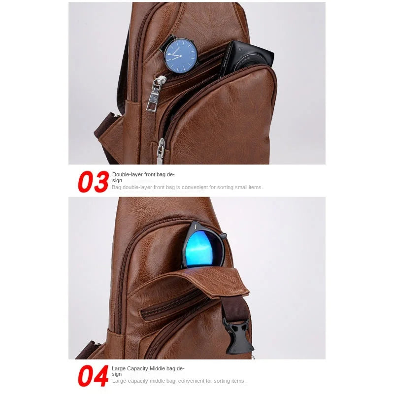 USB Men's Chest Bag – Large Capacity PU Crossbody with Charging Port