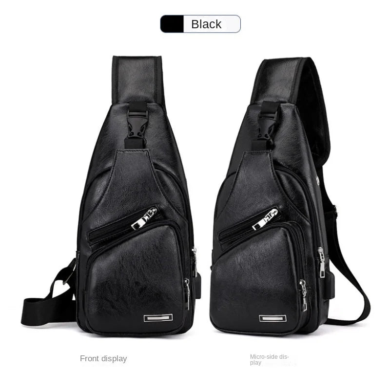 USB Men's Chest Bag – Large Capacity PU Crossbody with Charging Port