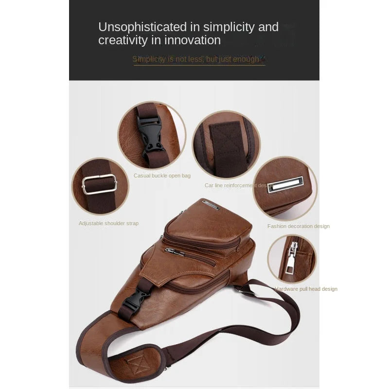 USB Men's Chest Bag – Large Capacity PU Crossbody with Charging Port