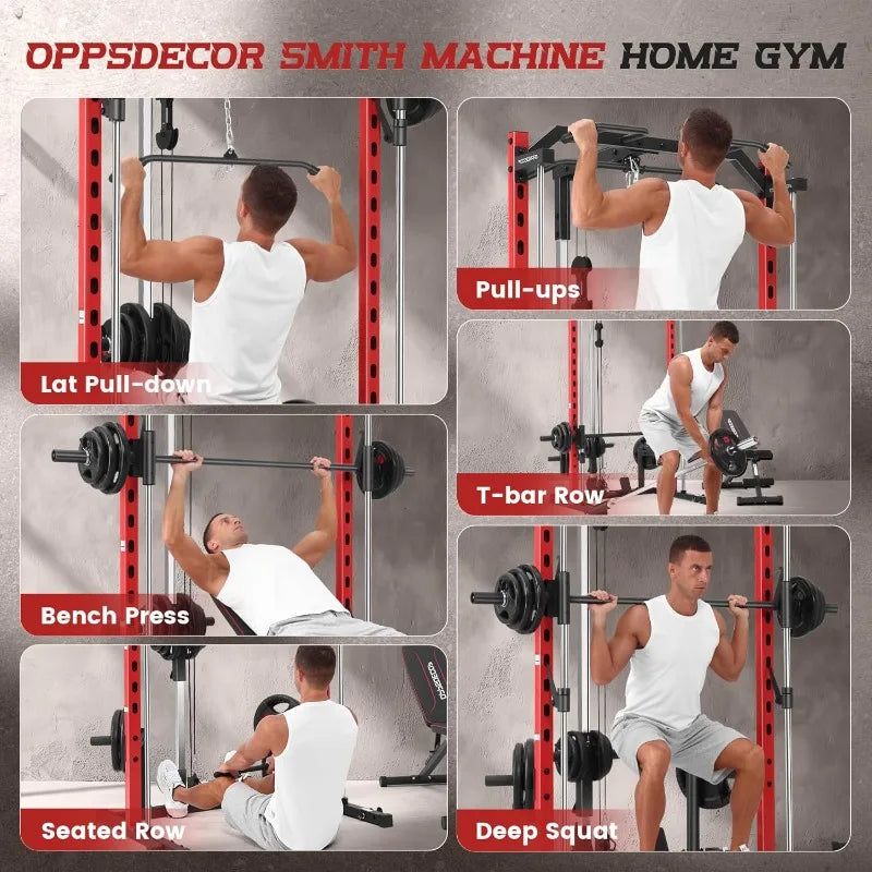 OPPSDECOR All-in-One Smith Machine – Power Rack with Cable System & LAT Pulldown