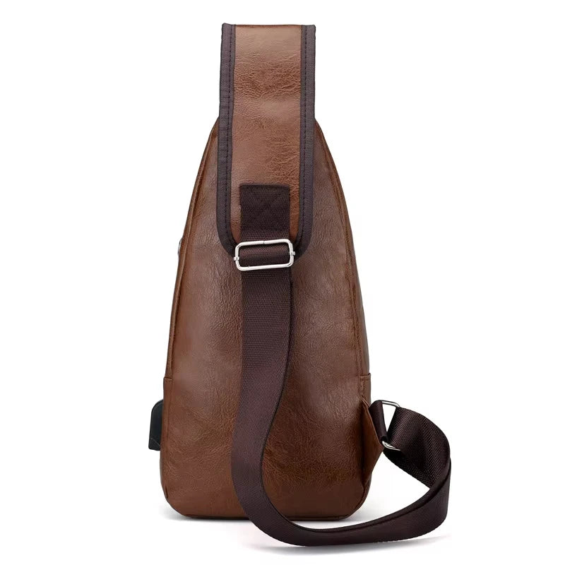 USB Men's Chest Bag – Large Capacity PU Crossbody with Charging Port
