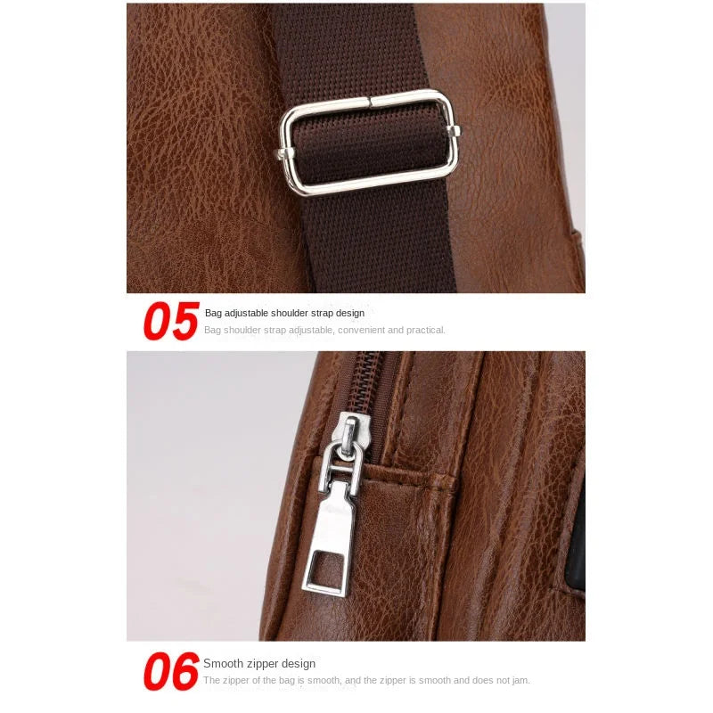 USB Men's Chest Bag – Large Capacity PU Crossbody with Charging Port