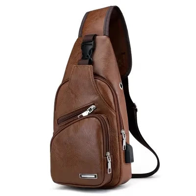 USB Men's Chest Bag – Large Capacity PU Crossbody with Charging Port