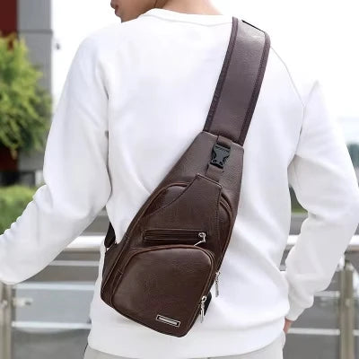 USB Men's Chest Bag – Large Capacity PU Crossbody with Charging Port