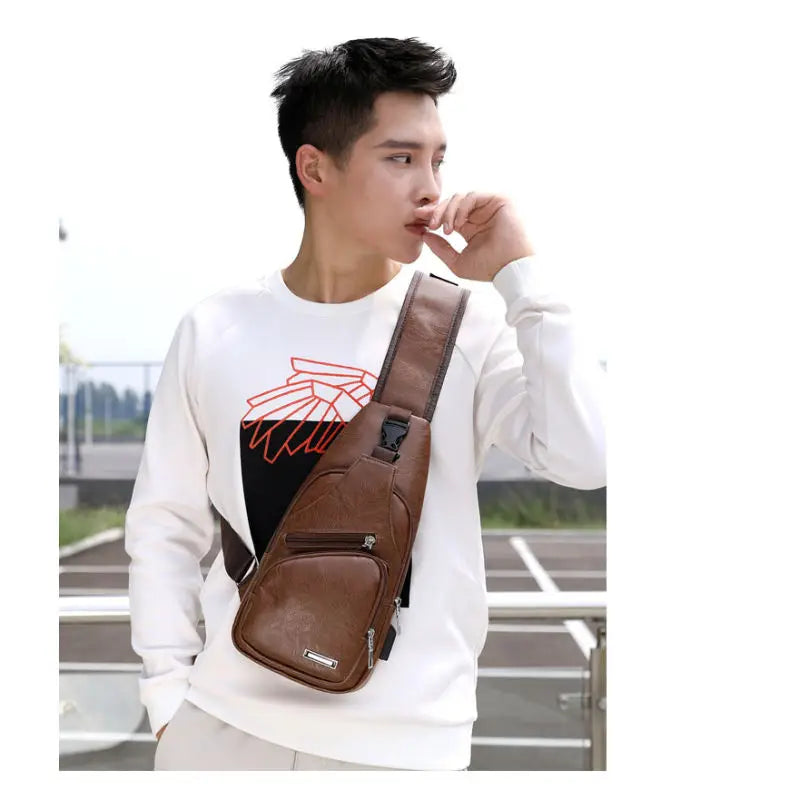 USB Men's Chest Bag – Large Capacity PU Crossbody with Charging Port