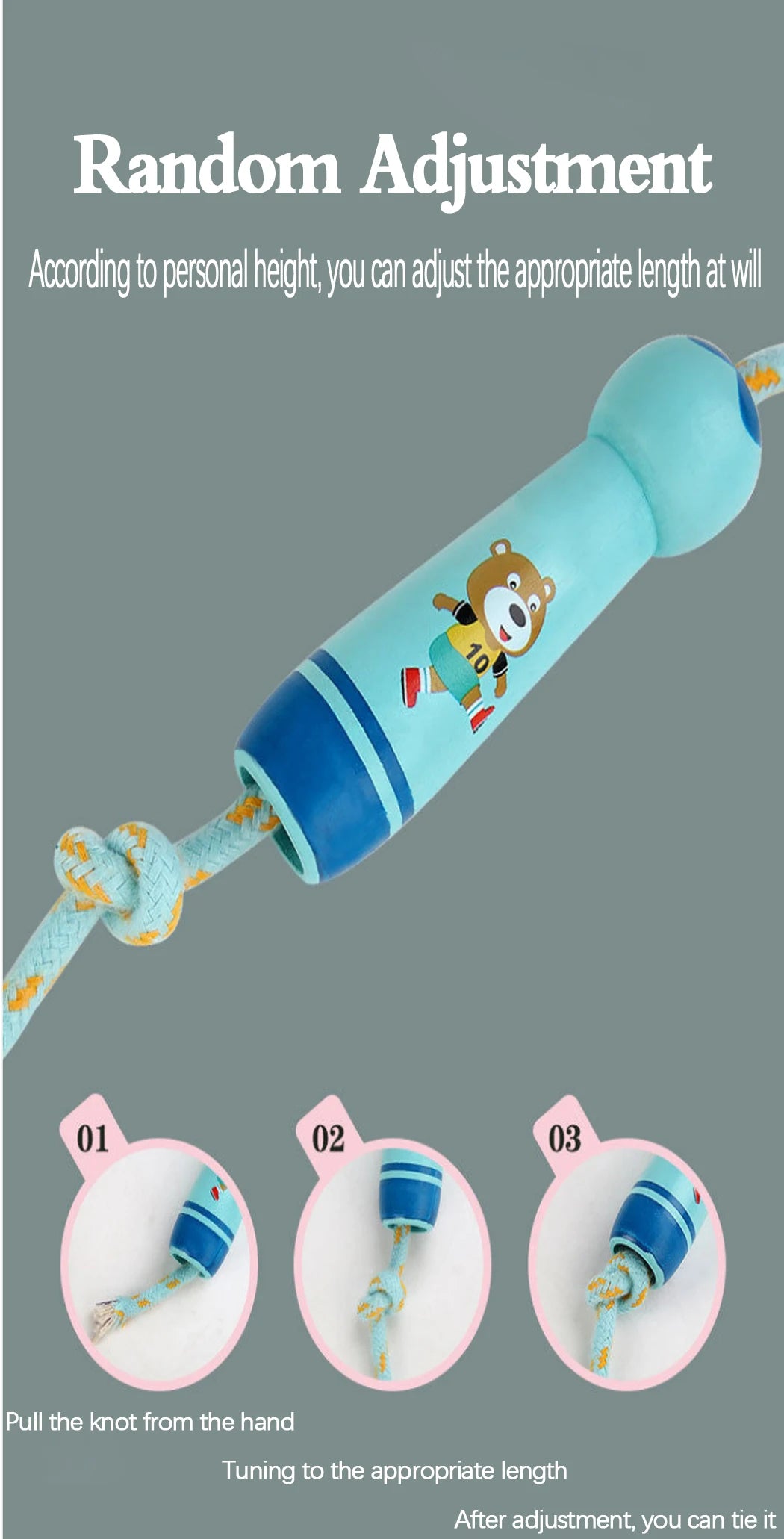 Adjustable Kids Jump Rope – Cotton Rope with Cartoon Wooden Handles