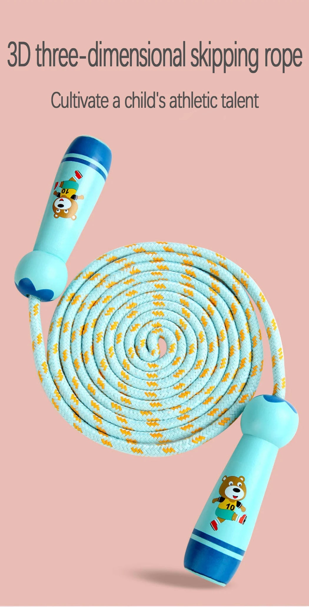 Adjustable Kids Jump Rope – Cotton Rope with Cartoon Wooden Handles