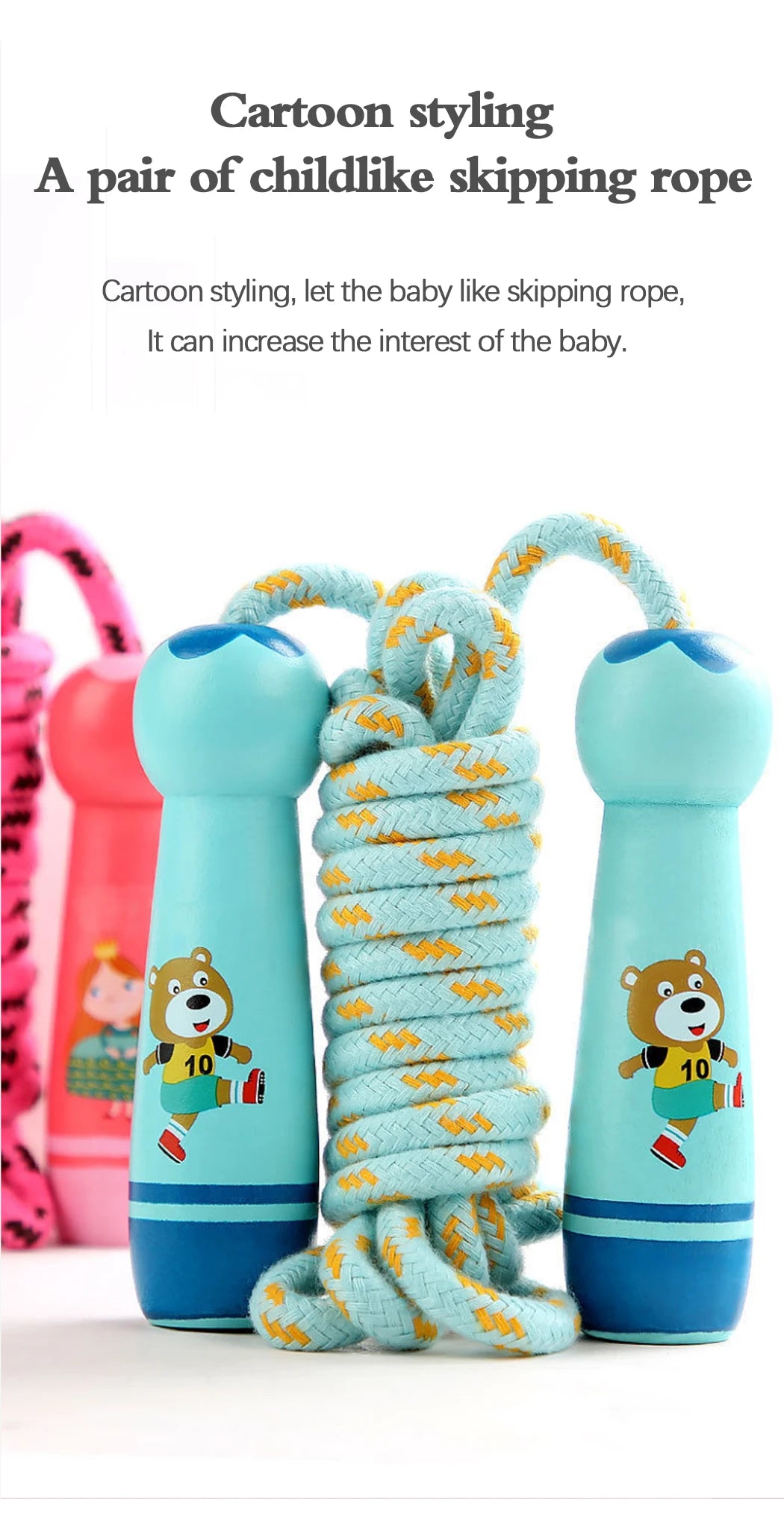 Adjustable Kids Jump Rope – Cotton Rope with Cartoon Wooden Handles