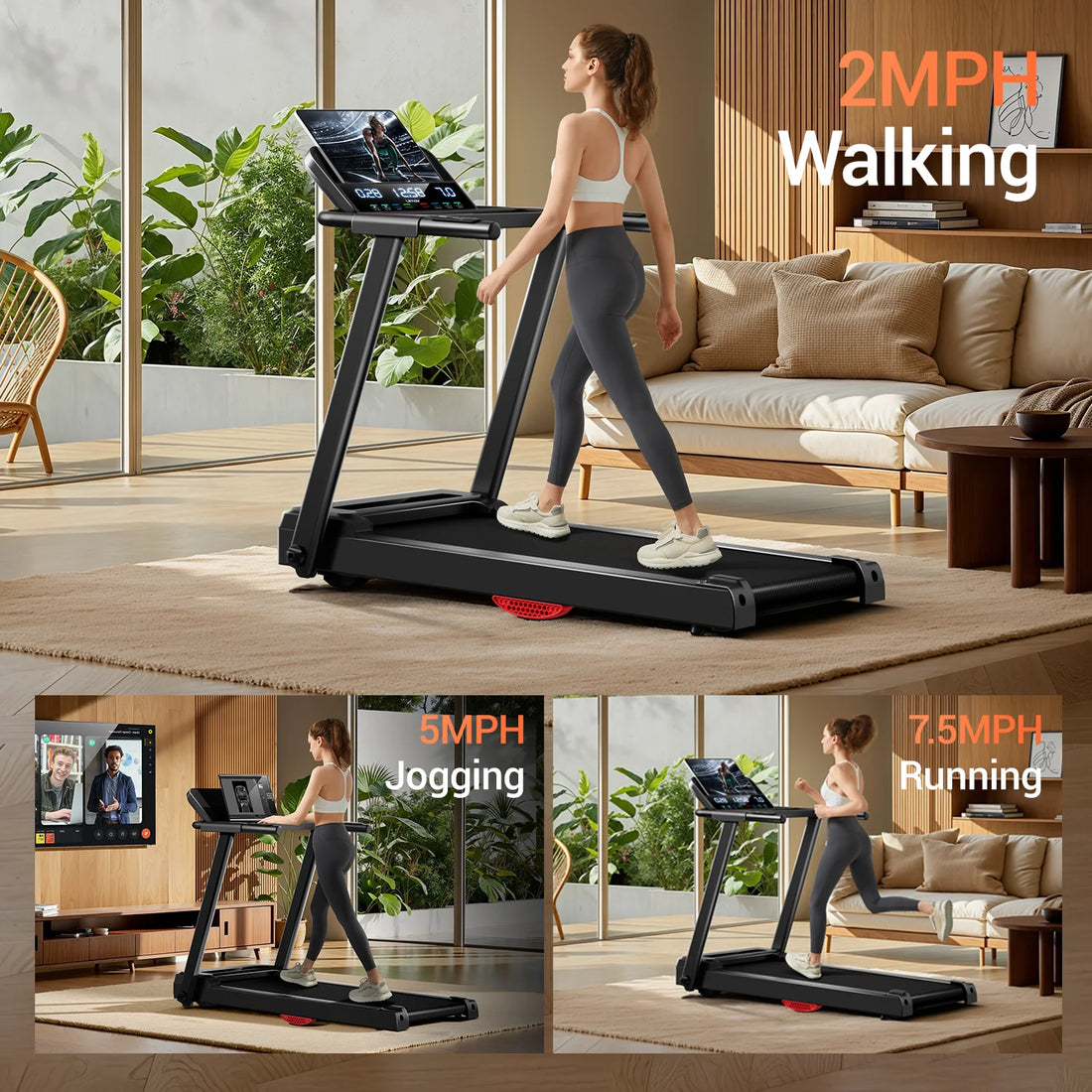 3.0HP Foldable Home Treadmill – Brushless Motor, 300LB Capacity, Shock Absorption, HR Monitor
