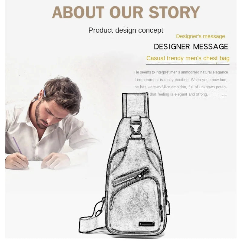 USB Men's Chest Bag – Large Capacity PU Crossbody with Charging Port