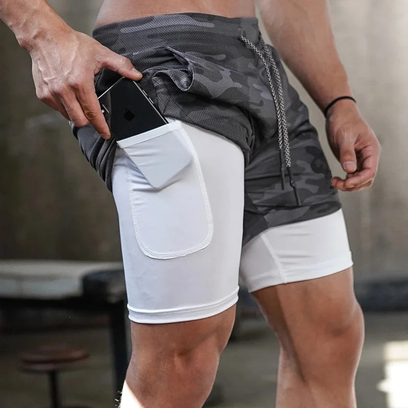 Men’s 2-in-1 Camo Running Shorts – Quick-Dry Gym & Training Fitness Shorts