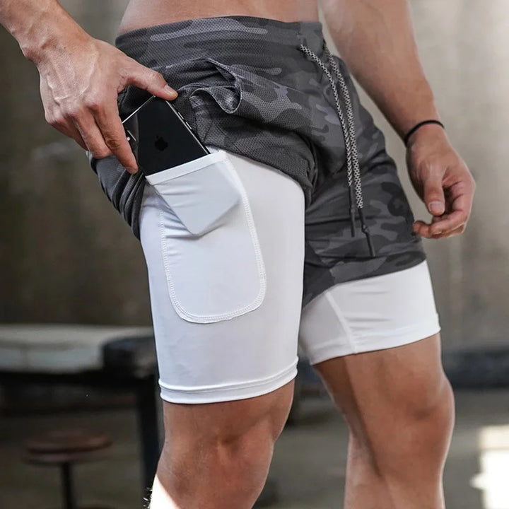 Men’s 2-in-1 Camo Running Shorts – Quick-Dry Gym & Training Fitness Shorts