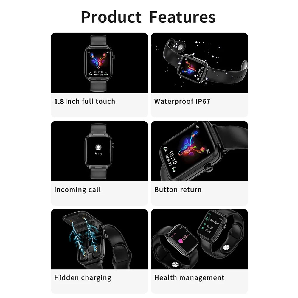 2-in-1 Smartwatch with Built-in Earphones – 1.8" Touchscreen Fitness & Heart Rate Monitor