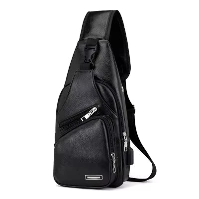 USB Men's Chest Bag – Large Capacity PU Crossbody with Charging Port