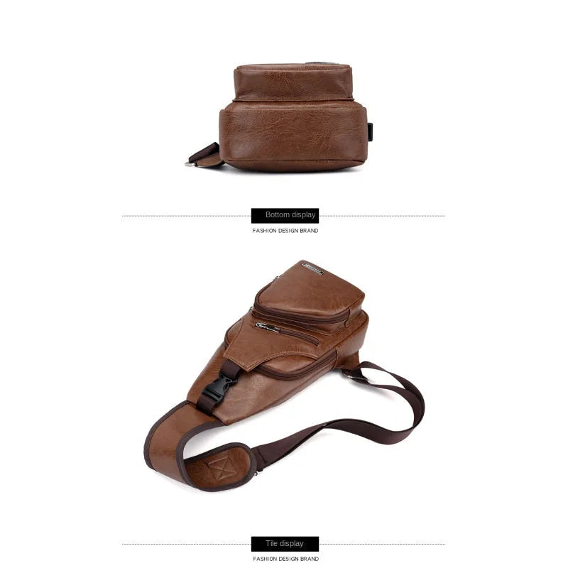 USB Men's Chest Bag – Large Capacity PU Crossbody with Charging Port