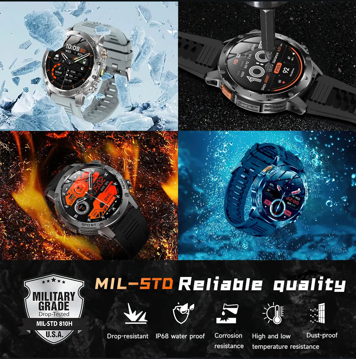 Military Sports Smartwatch – 1000mAh, BT Calling, IP68 Waterproof, HUAWEI-Compatible