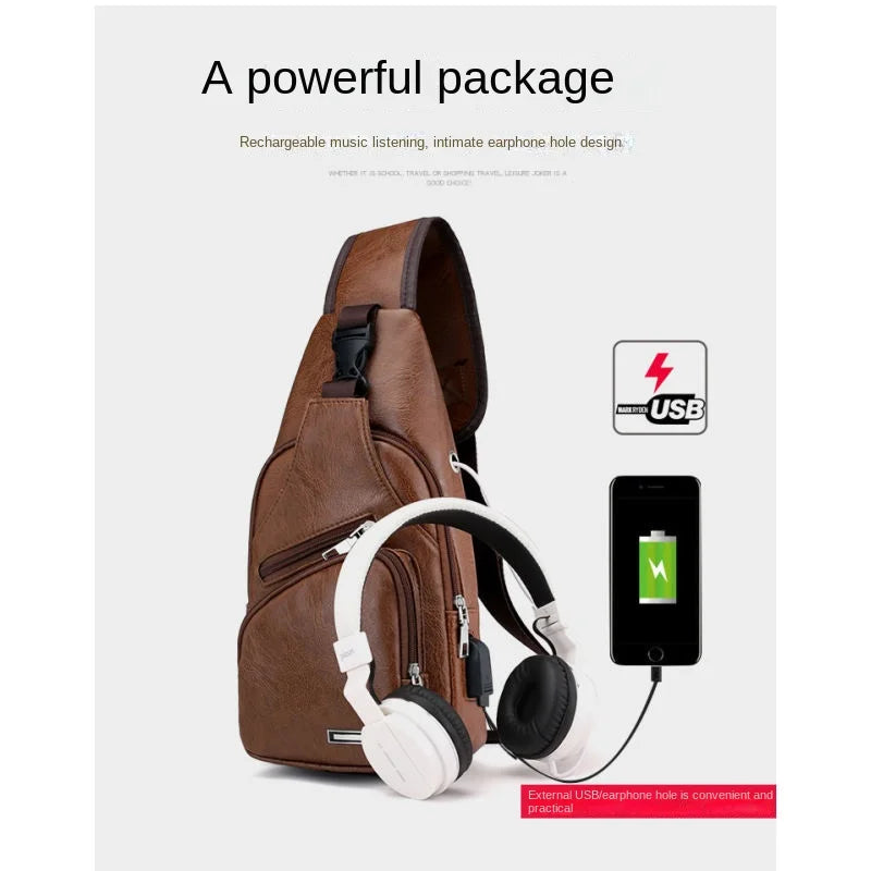 USB Men's Chest Bag – Large Capacity PU Crossbody with Charging Port