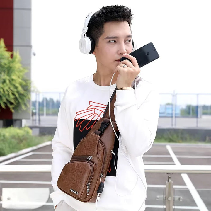 USB Men's Chest Bag – Large Capacity PU Crossbody with Charging Port