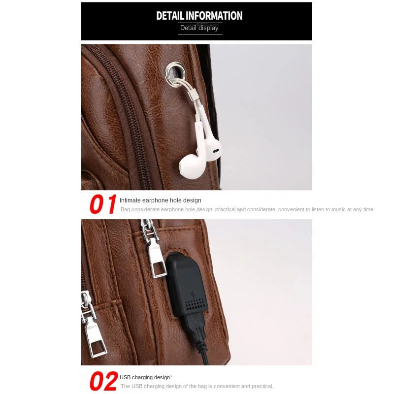 USB Men's Chest Bag – Large Capacity PU Crossbody with Charging Port