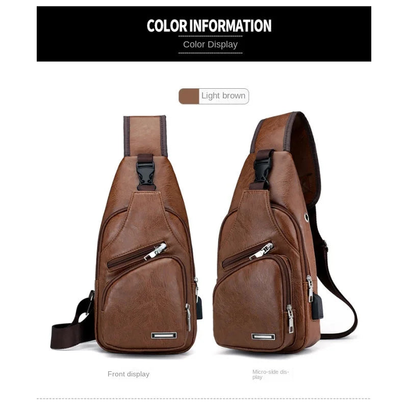 USB Men's Chest Bag – Large Capacity PU Crossbody with Charging Port