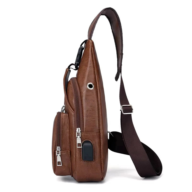 USB Men's Chest Bag – Large Capacity PU Crossbody with Charging Port