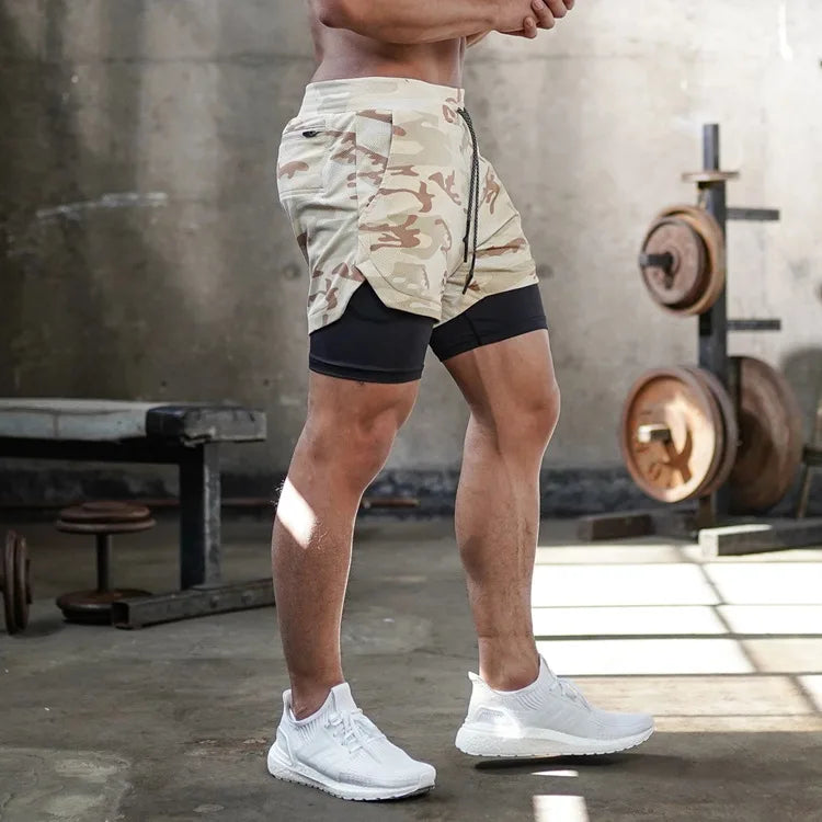 Men’s 2-in-1 Camo Running Shorts – Quick-Dry Gym & Training Fitness Shorts