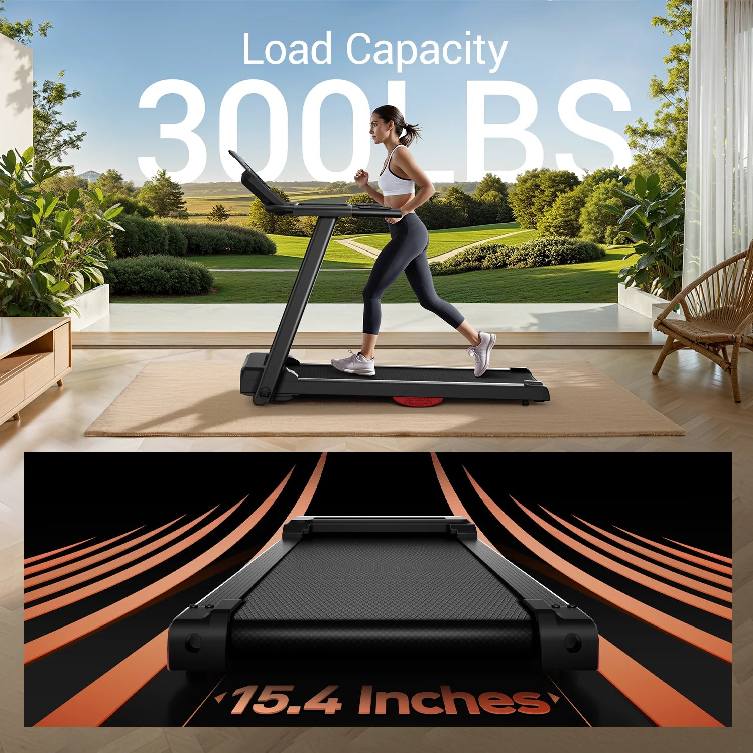 3.0HP Foldable Home Treadmill – Brushless Motor, 300LB Capacity, Shock Absorption, HR Monitor
