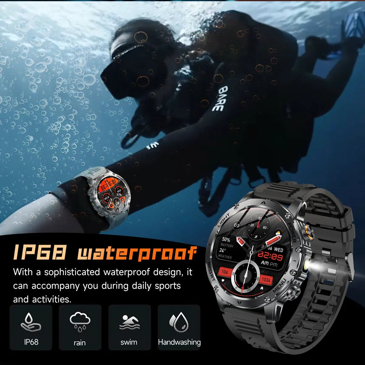 Military Sports Smartwatch – 1000mAh, BT Calling, IP68 Waterproof, HUAWEI-Compatible