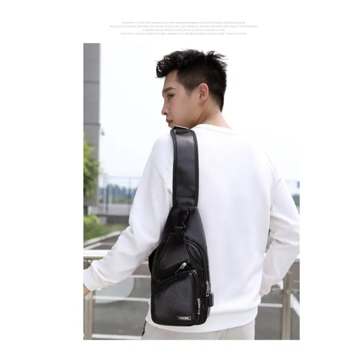 USB Men's Chest Bag – Large Capacity PU Crossbody with Charging Port