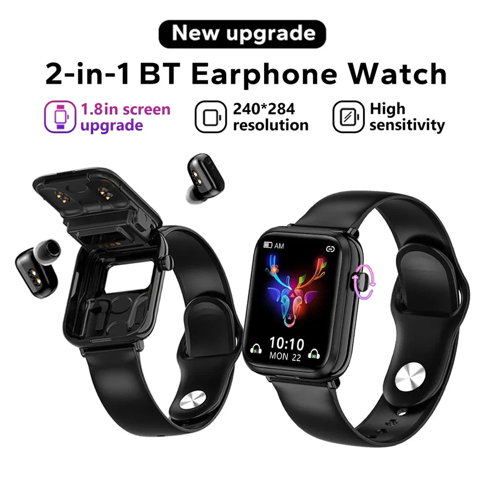 2-in-1 Smartwatch with Built-in Earphones – 1.8" Touchscreen Fitness & Heart Rate Monitor