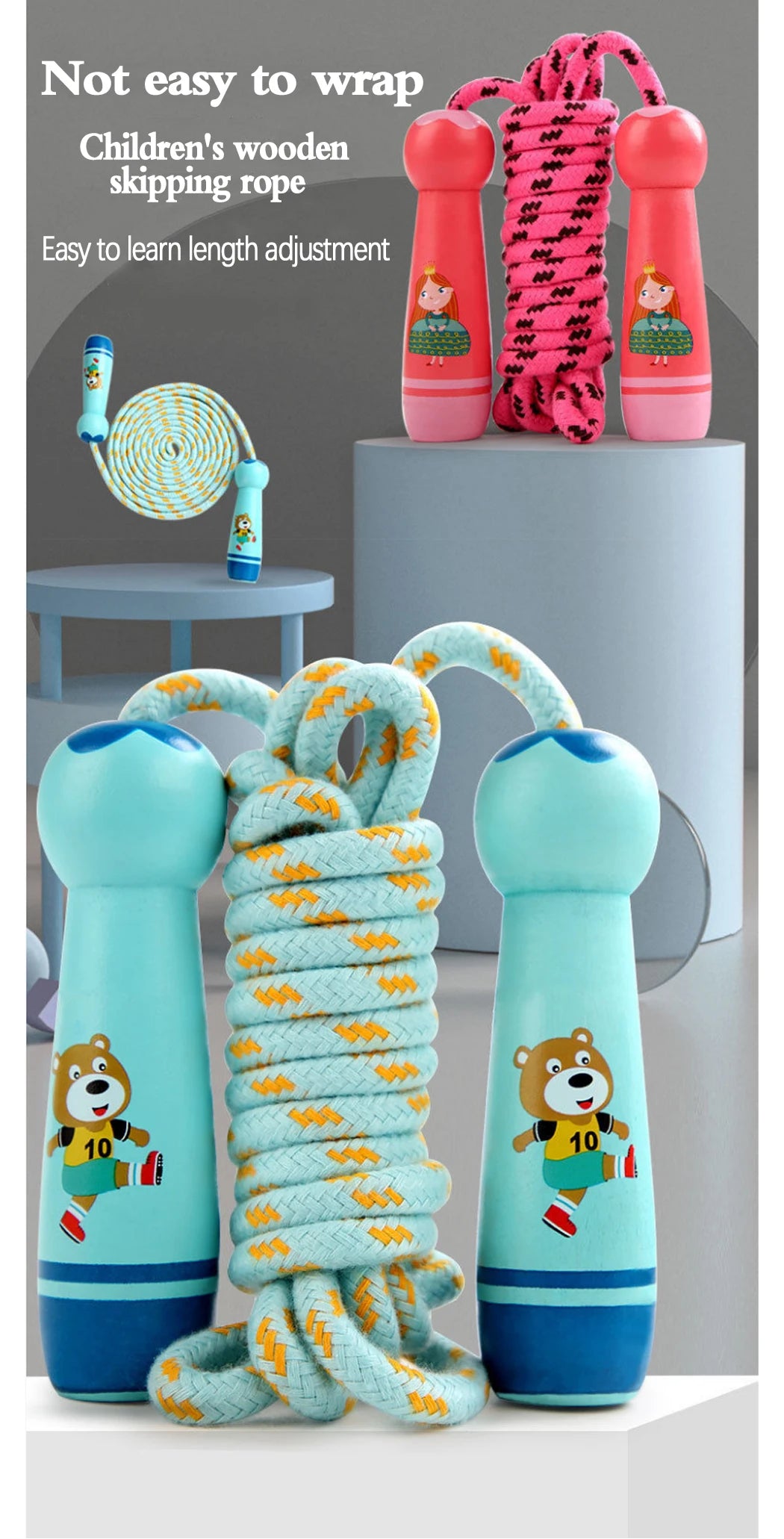Adjustable Kids Jump Rope – Cotton Rope with Cartoon Wooden Handles