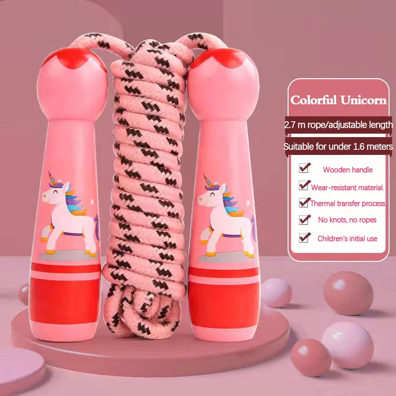 Adjustable Kids Jump Rope – Cotton Rope with Cartoon Wooden Handles