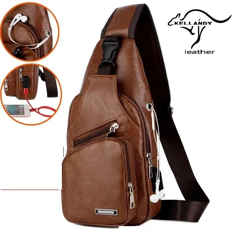 USB Men's Chest Bag – Large Capacity PU Crossbody with Charging Port